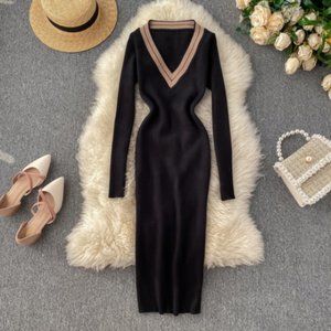 Knitted Sweater Dress with V-Neck